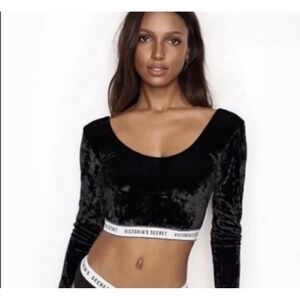 Victoria's Secret Black Crushed Velvet Logo Crop S Long Sleeve Top Whimsigoth
